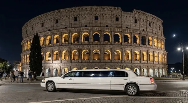 Lincoln Limousine bianca davanti al Colosseo a Roma di notte